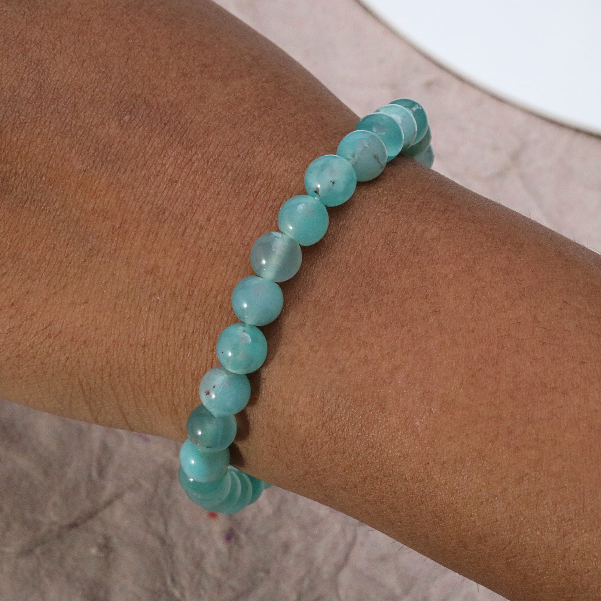 Sky Blue Aqua Chalcedony Gem Bracelet Handmade Round Stone Jewelry 75 Ct