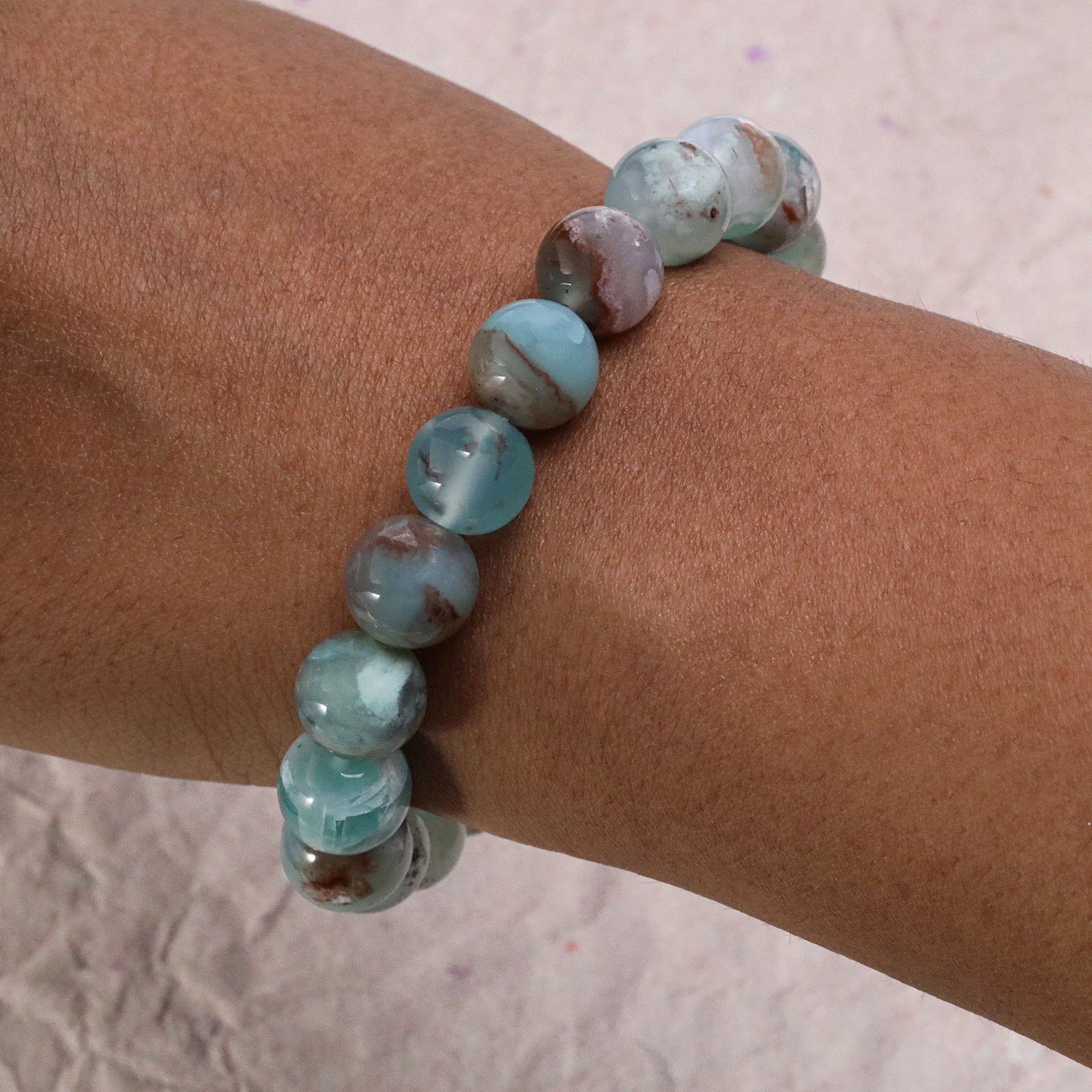 Classic Aqua Chalcedony Stone Bracelet Natural Blue Round Beads Handmade 141 Ct