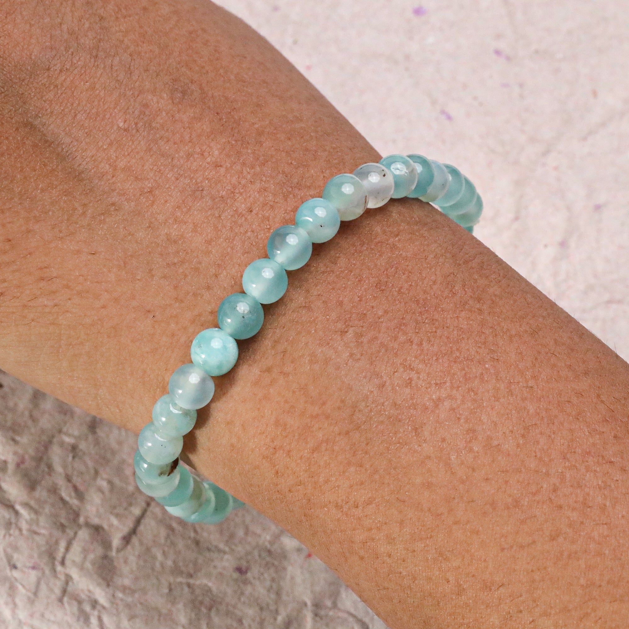 Natural Blue Chalcedony Round Bead Bracelet Handmade Gemstone Stretch Jewelry 55 Ct