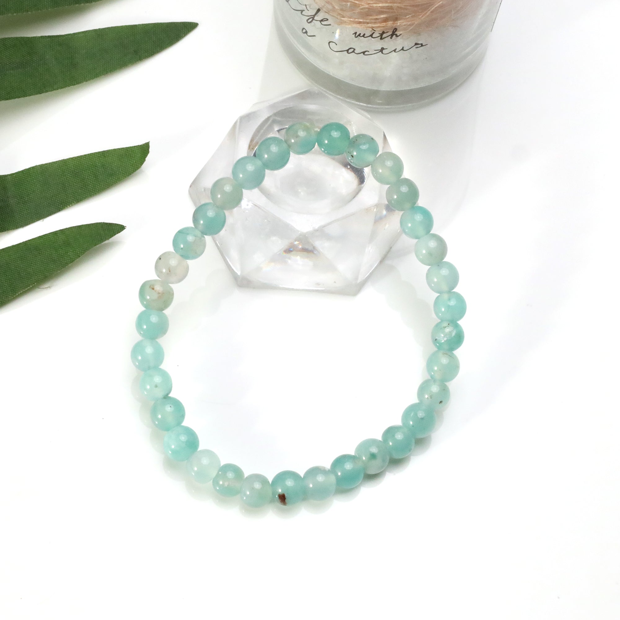 Natural Blue Chalcedony Round Bead Bracelet Handmade Gemstone Stretch Jewelry 55 Ct