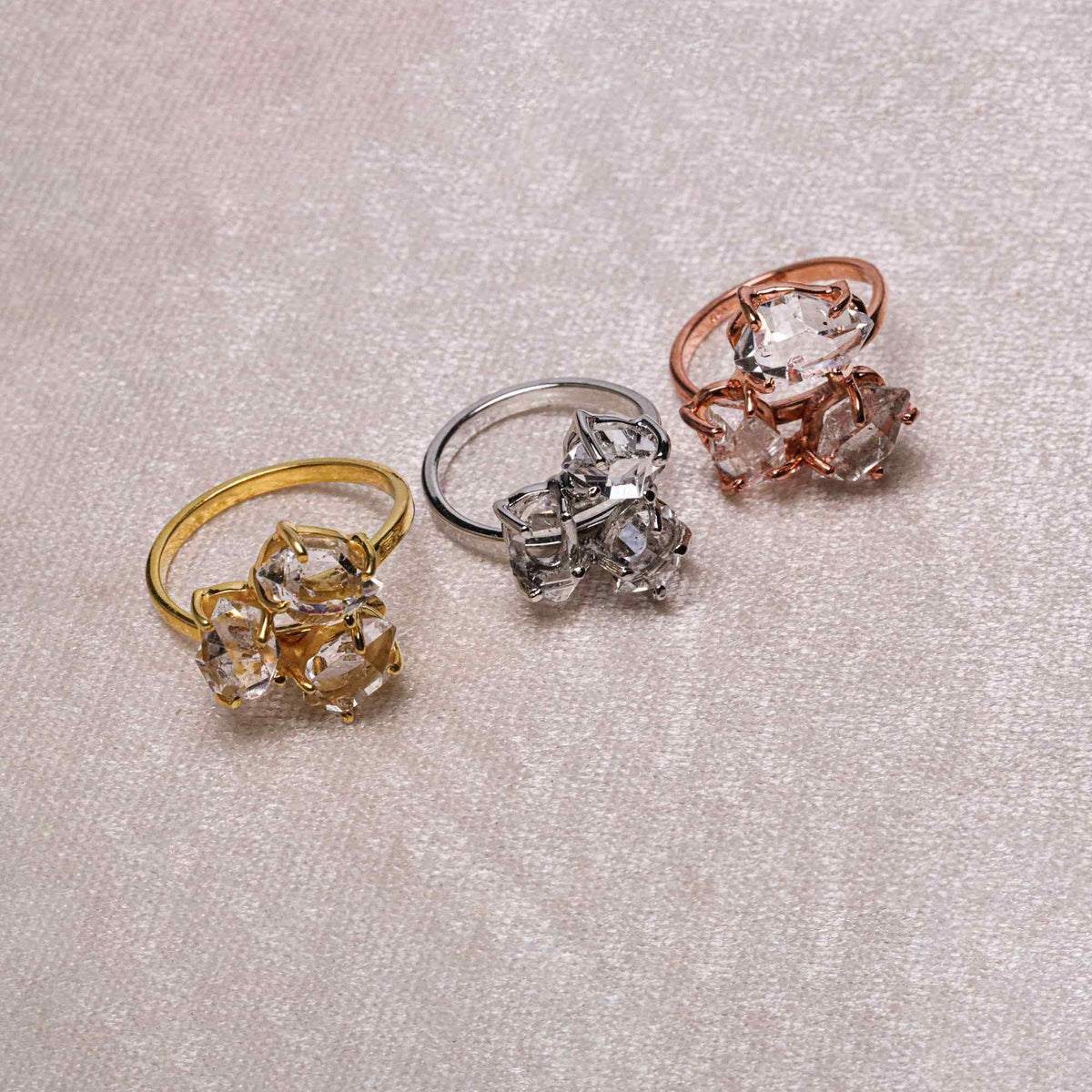 Raw Herkimer Three Stone 10–15mm Ring in 925 Sterling Silver