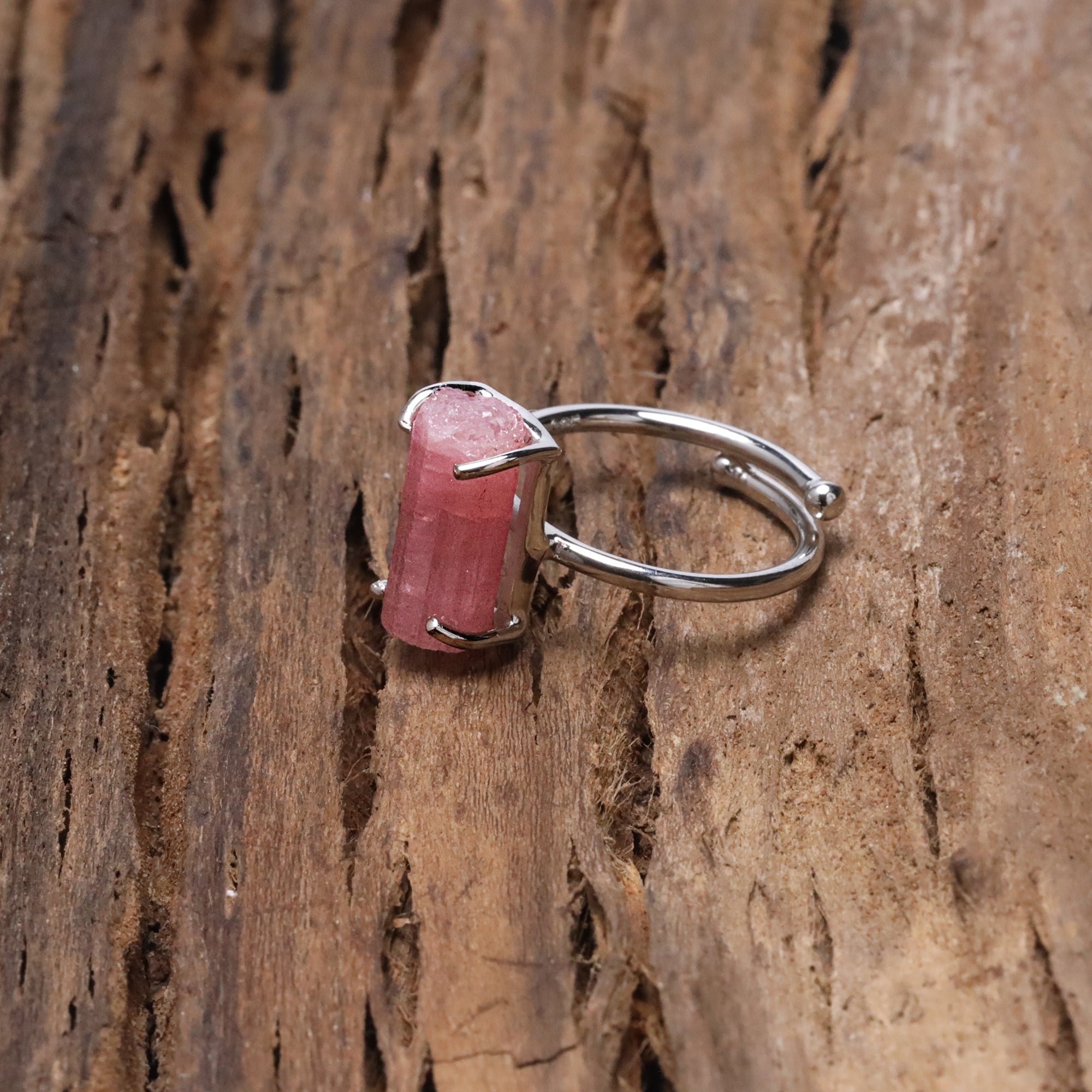 Raw Pink Tourmaline 6x13mm Ring in 925 Sterling Silver Rough Gemstone Handmade October Birthstone Jewelry