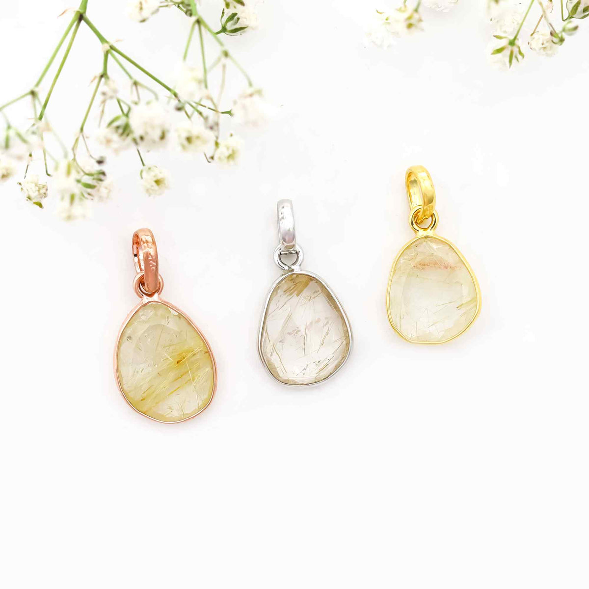 Golden Rutile Rose Cut Pendant Natural Rutile Quartz Pendant 925 Sterling Silver Handmade Jewelry Gift