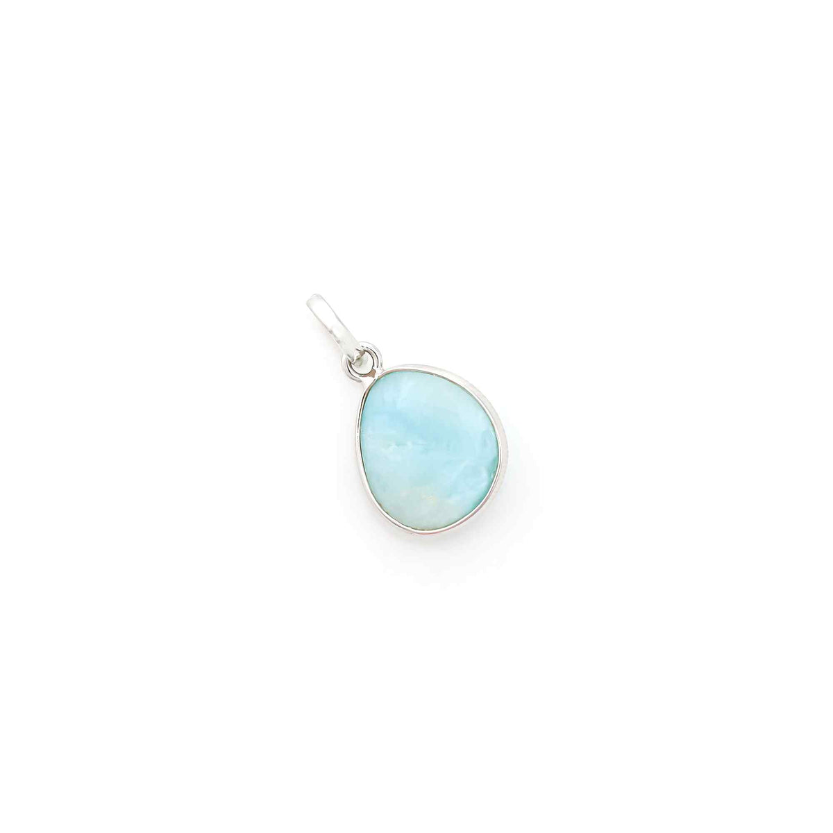 Large natural blue Larimar gemstone pendant with rose cut shape, sterling silver setting, handcrafted jewelry by Himalya Quartz.