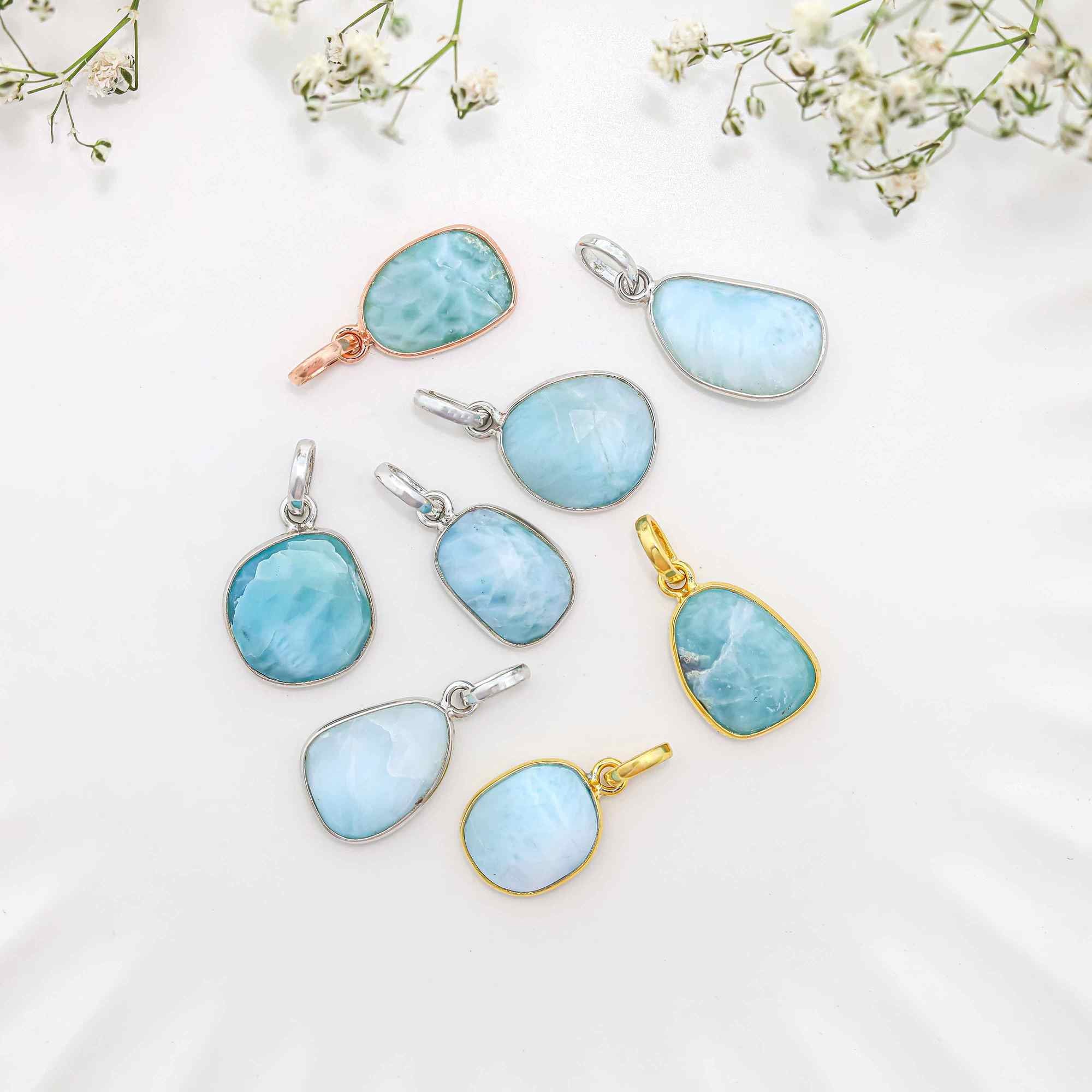 Larimar Rose Cut Pendant Large Natural Blue Gemstone Pendant 925 Sterling Silver Handmade Jewelry Gift