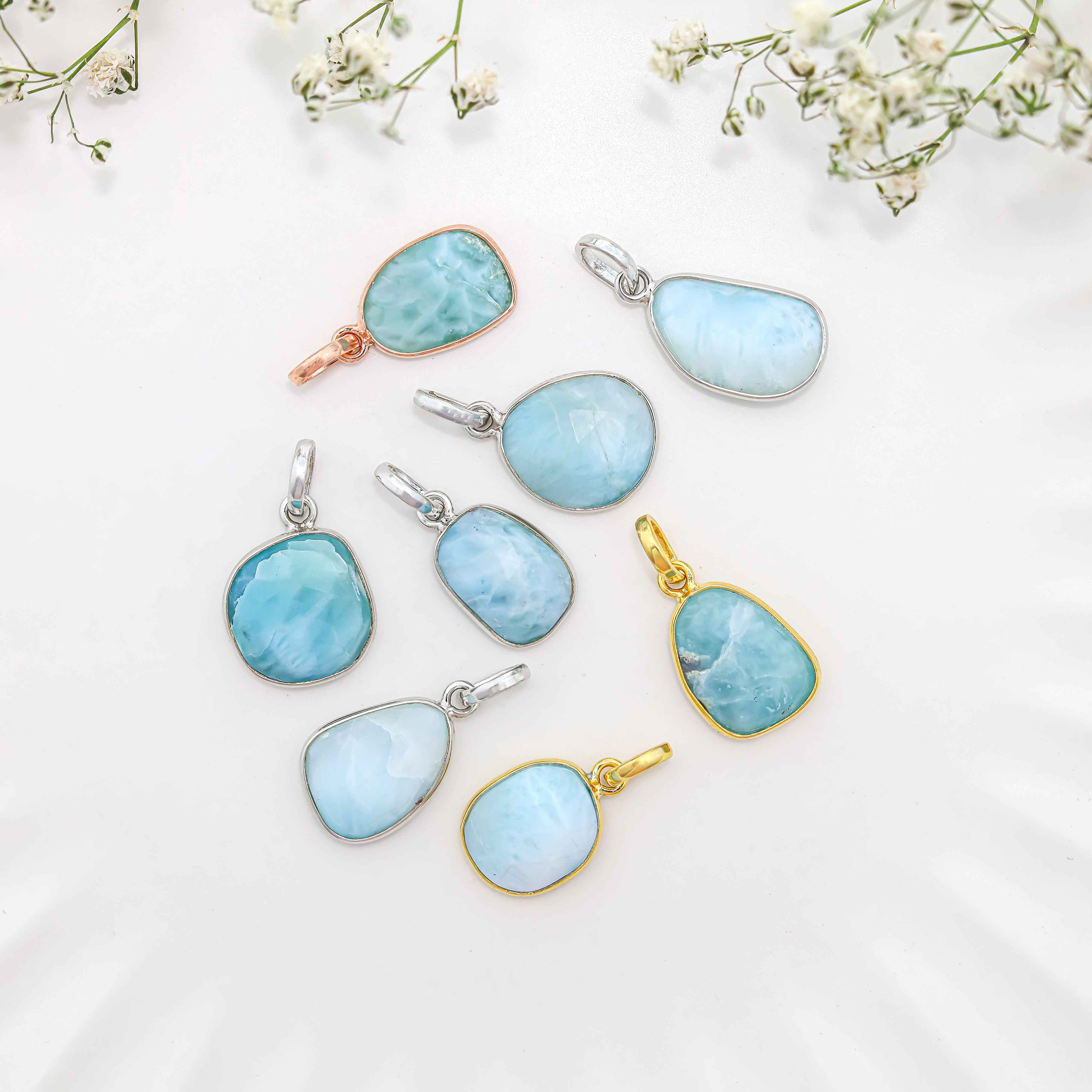 Larimar Rose Cut Pendant Large Natural Blue Gemstone Pendant 925 Sterling Silver Handmade Jewelry Gift