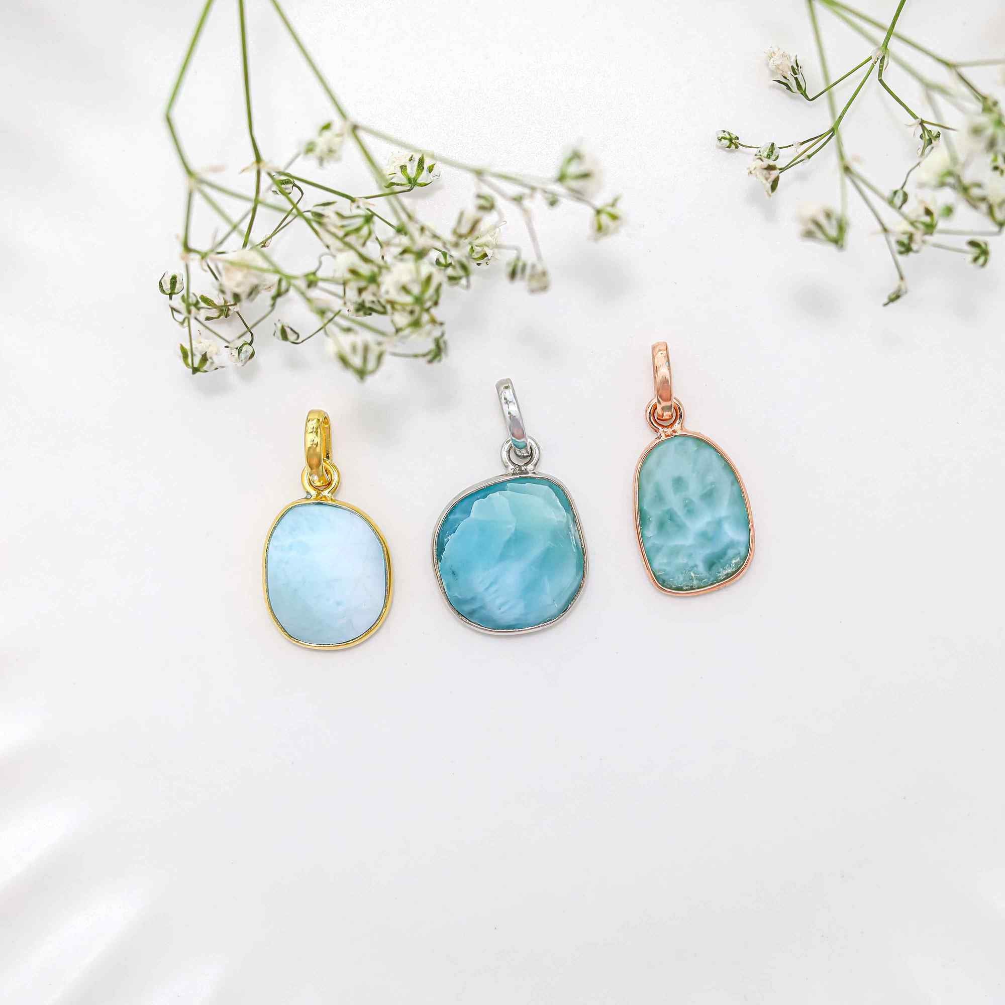 Larimar Rose Cut Pendant Large Natural Blue Gemstone Pendant 925 Sterling Silver Handmade Jewelry Gift