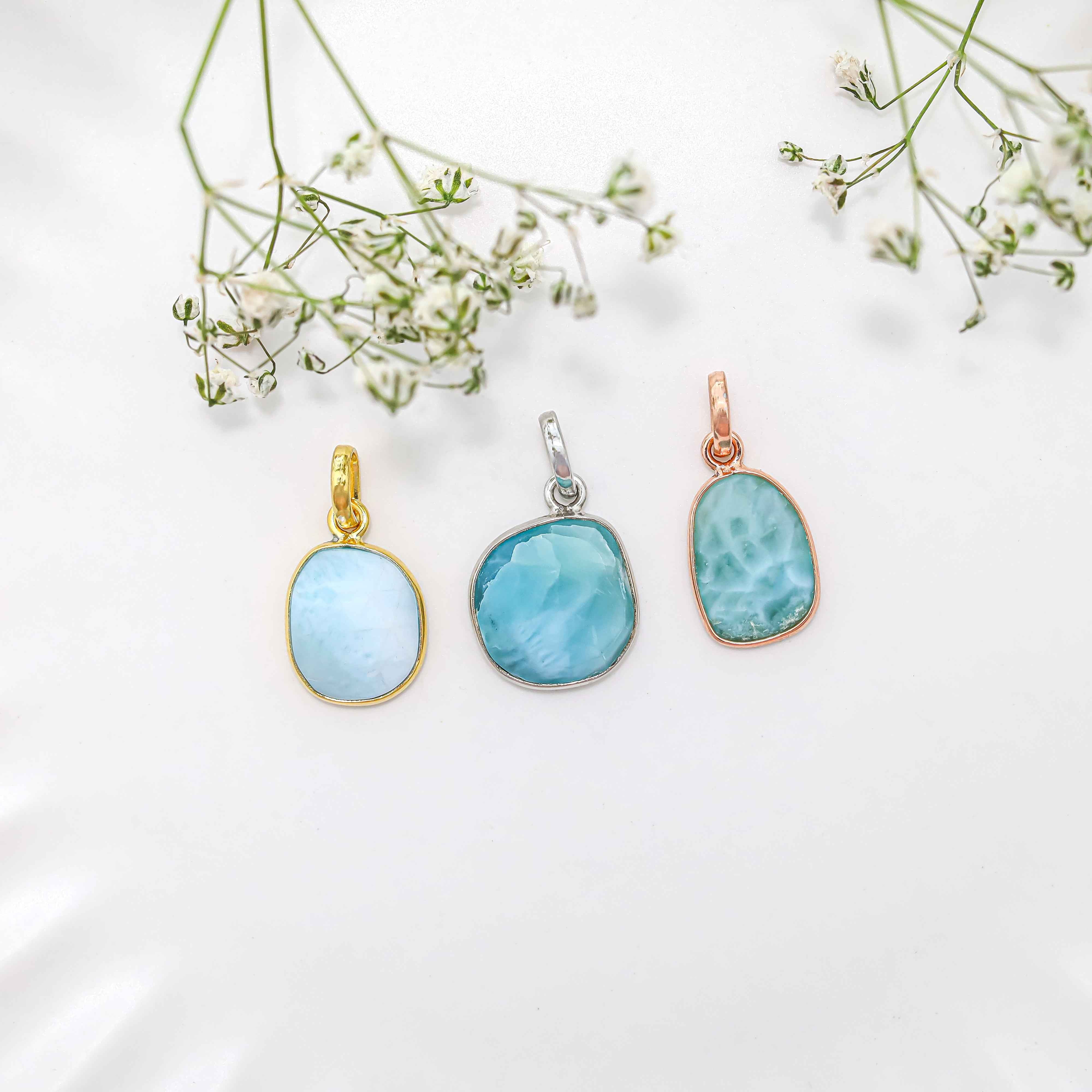 Larimar Rose Cut Pendant Large Natural Blue Gemstone Pendant 925 Sterling Silver Handmade Jewelry Gift