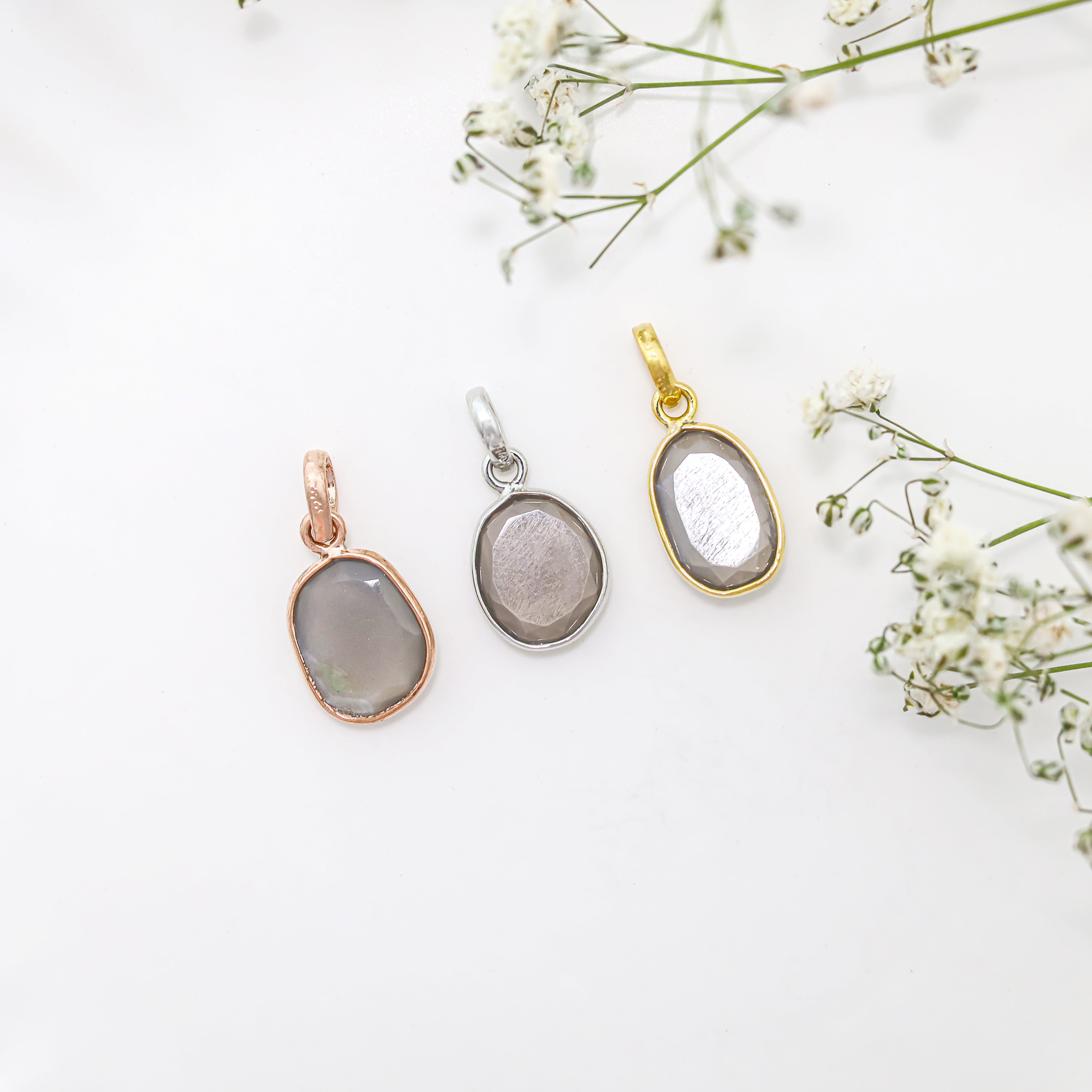 Grey Moonstone Rose Cut Pendant Large Natural Moonstone Pendant 925 Sterling Silver Handmade Jewelry Gift