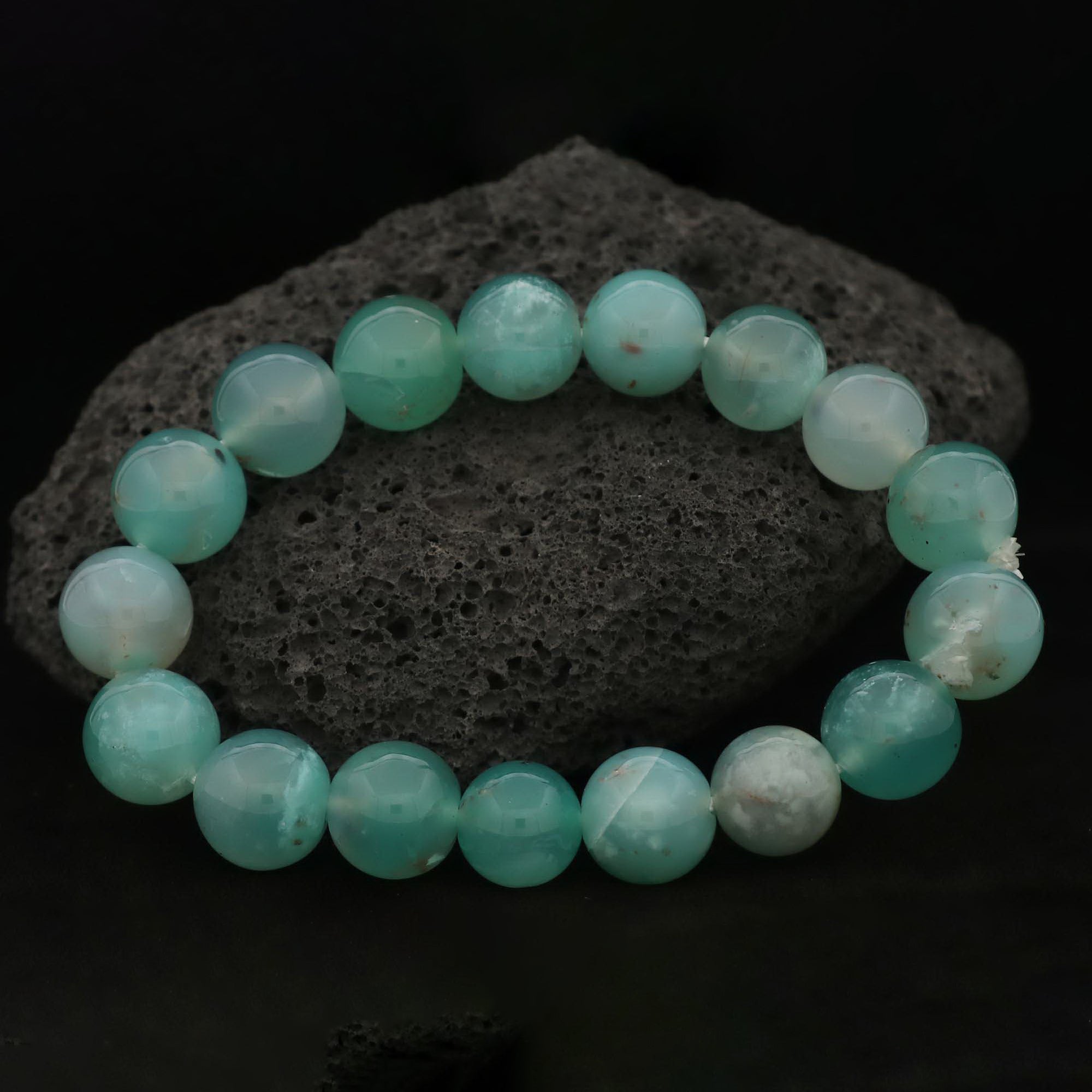 Natural Aqua Chalcedony Healing Bracelet Polished Round Gem Beads Handmade 192 Ct