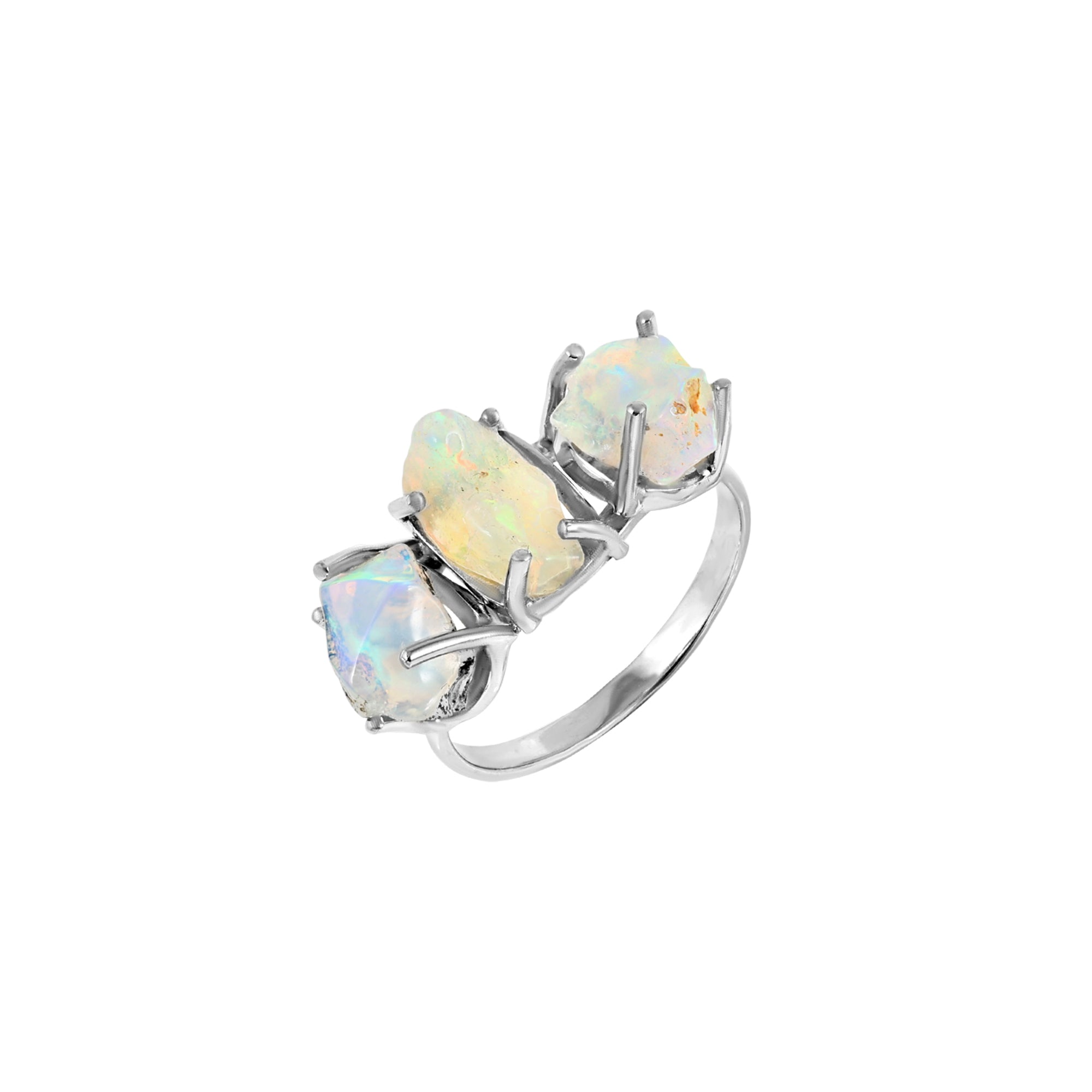 Raw Ethiopian Opal Three Stone Ring in 925 Sterling Silver Rough Gemstone Handmade October Birthstone Jewelry