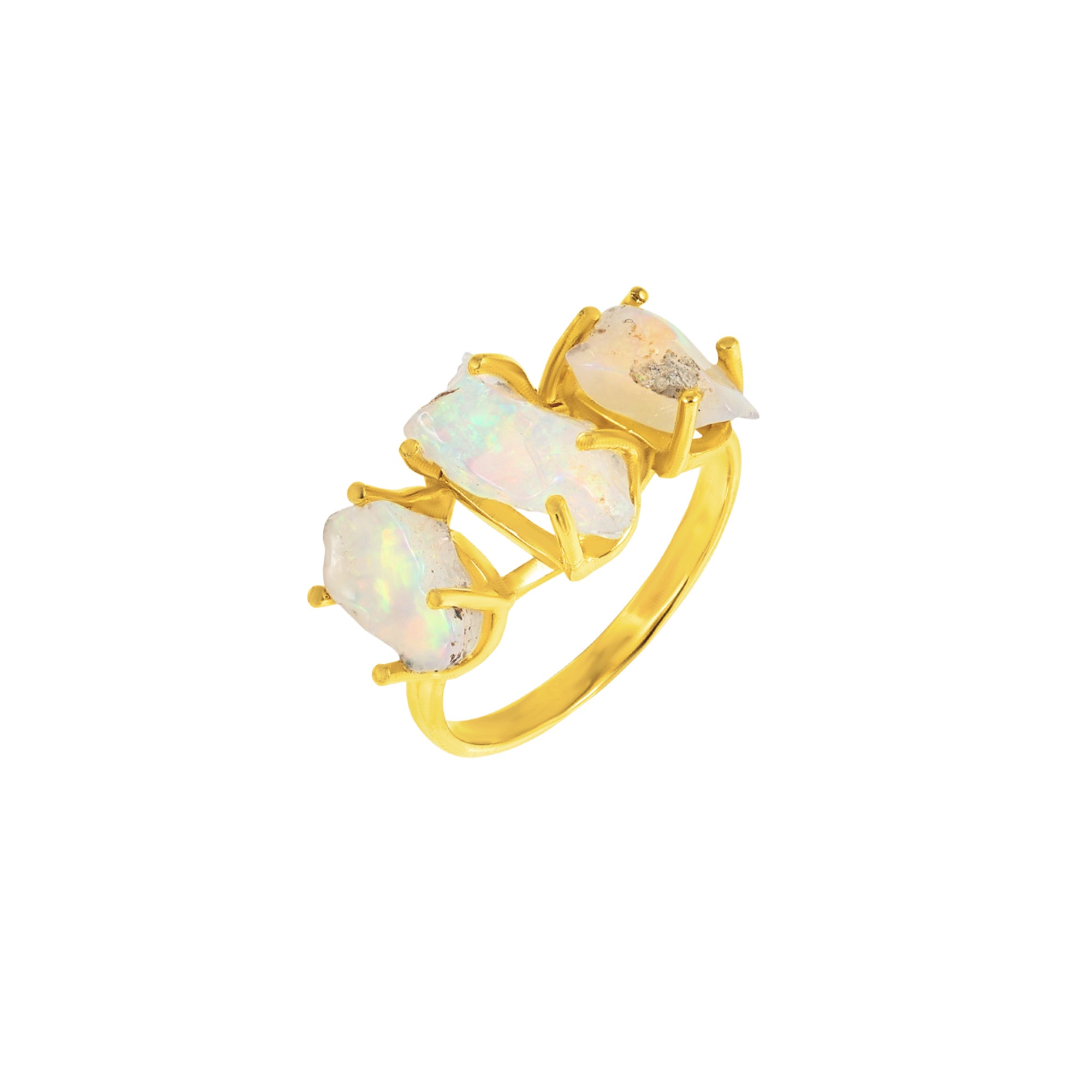 Raw Ethiopian Opal Three Stone Ring in 925 Sterling Silver Rough Gemstone Handmade October Birthstone Jewelry