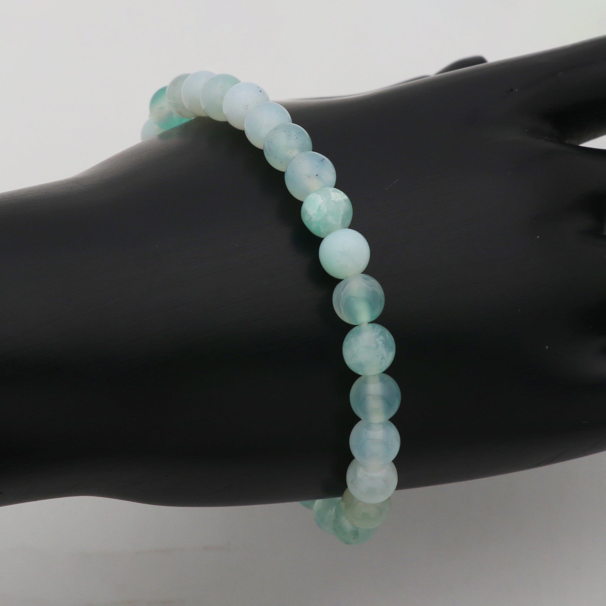 Handcrafted Aqua Chalcedony Bead Bracelet Natural Blue Gemstone Stretch Jewelry 63 Ct