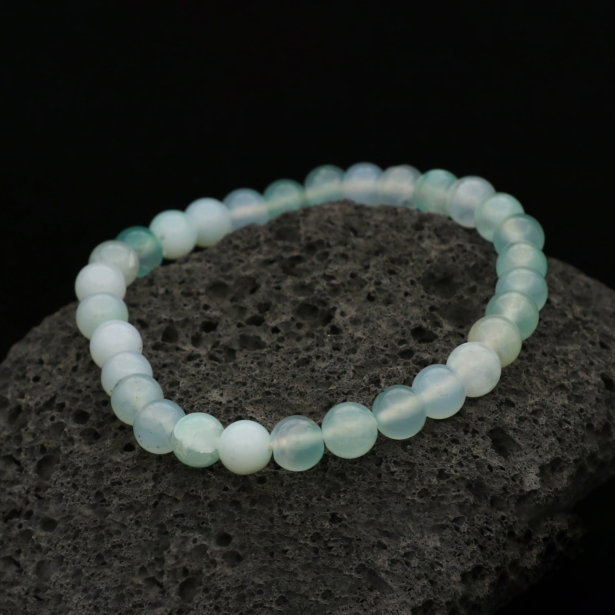 Handcrafted Aqua Chalcedony Bead Bracelet Natural Blue Gemstone Stretch Jewelry 63 Ct