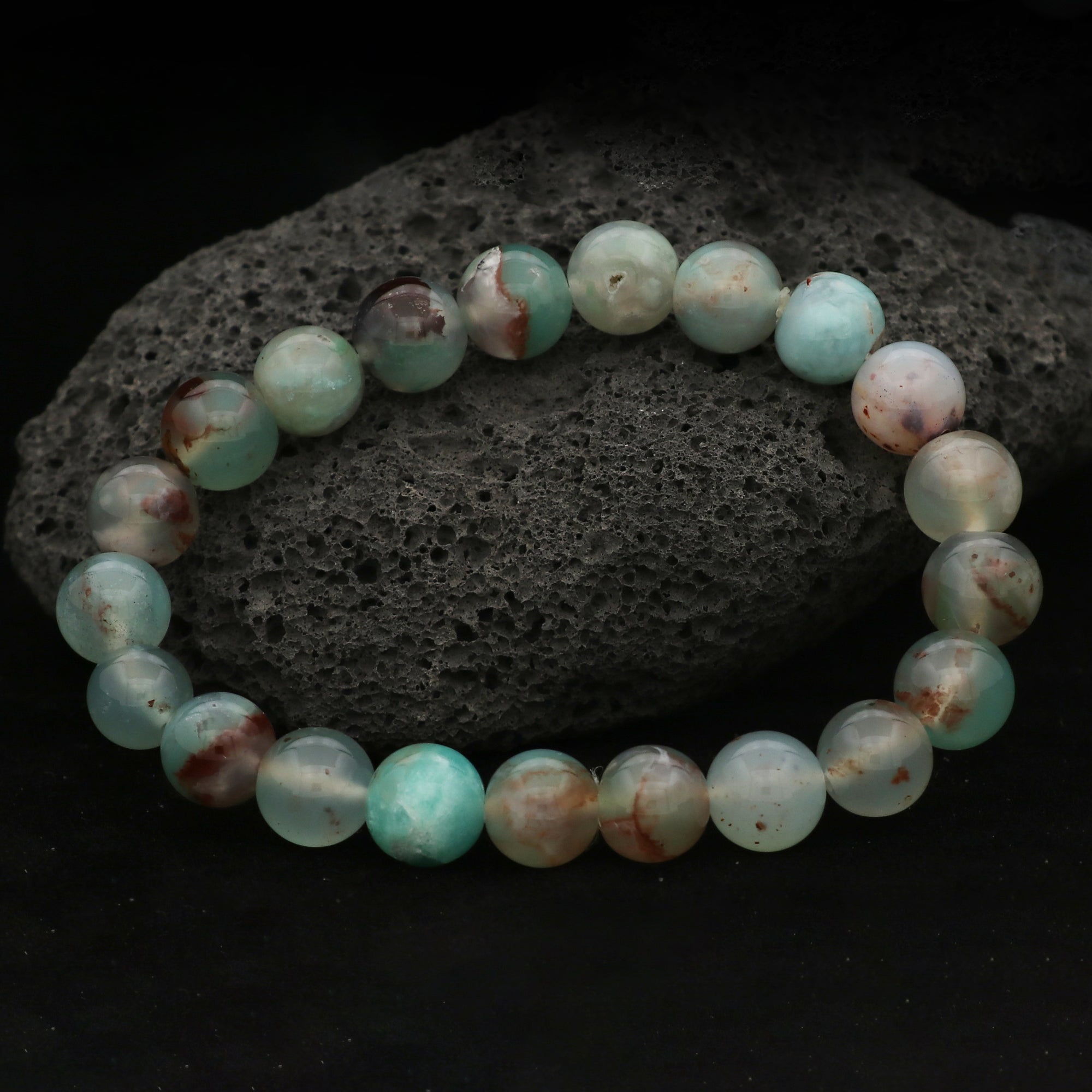 Blue Aqua Chalcedony Stretch Bracelet Natural Round Gemstone Beads Handmade 130 Ct