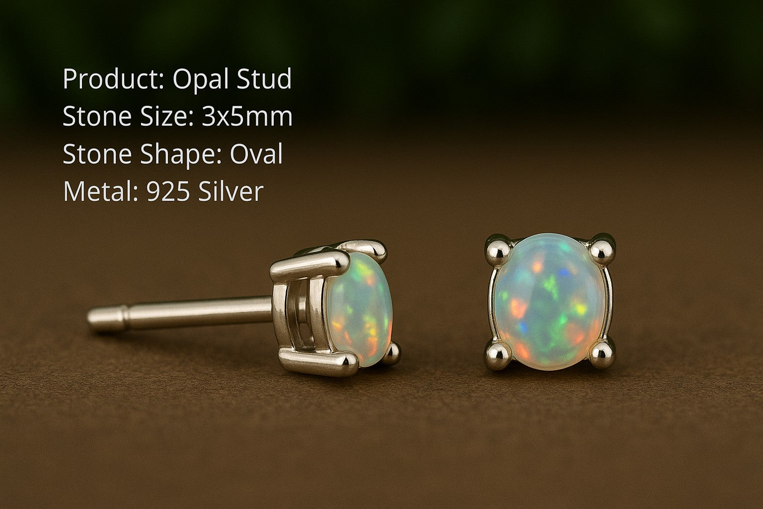 Natural opal stud earrings with 3x4mm cabochons in 925 sterling silver, minimalist design by Himalya Quartz.
