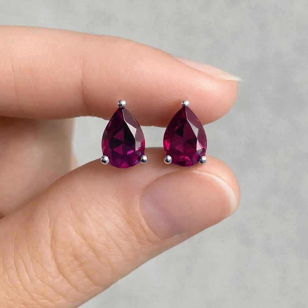 Rhodolite Garnet Stud Earrings in 925 Sterling Silver, Natural Rhodolite Cut Studs, Minimalist Gemstone Earrings