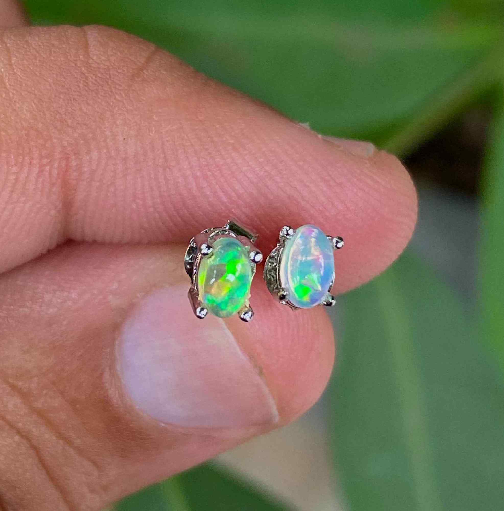 Opal Stud Earrings 3x4mm – Natural Opal Cabochon Studs in 925 Sterling Silver, Minimalist