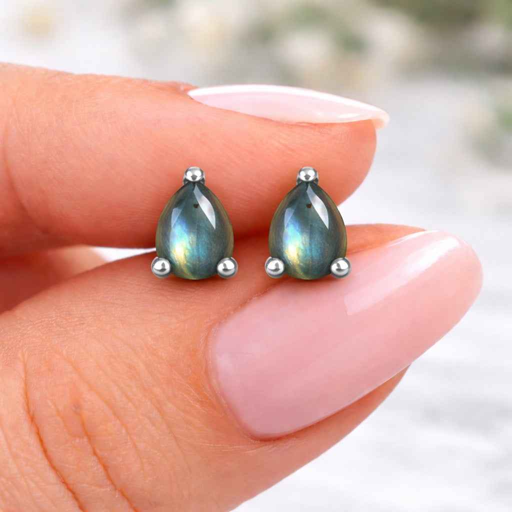 Natural Labradorite Pear Stud Earrings in 925 Sterling Silver, Minimalist Gemstone Jewelry Gift