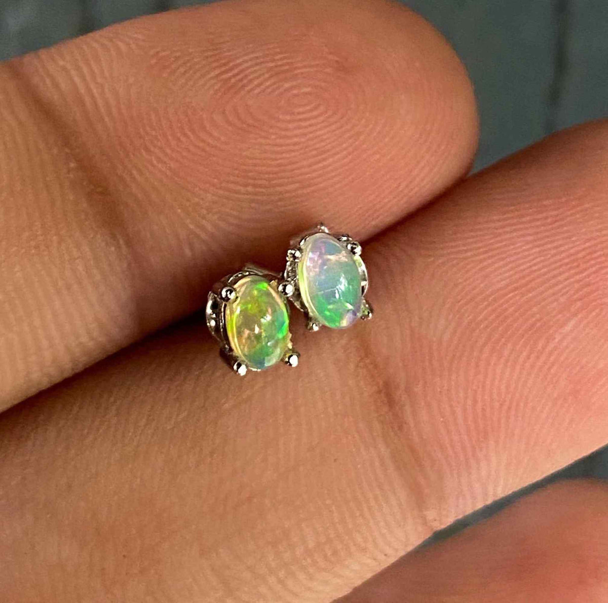 Opal Stud Earrings 3x4mm – Natural Opal Cabochon Studs in 925 Sterling Silver, Minimalist