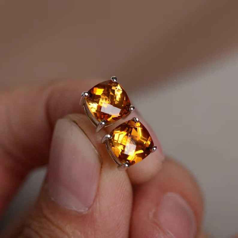 Citrine Stud Earrings in 925 Sterling Silver, Natural Citrine Studs, Minimalist Gift 6mm
