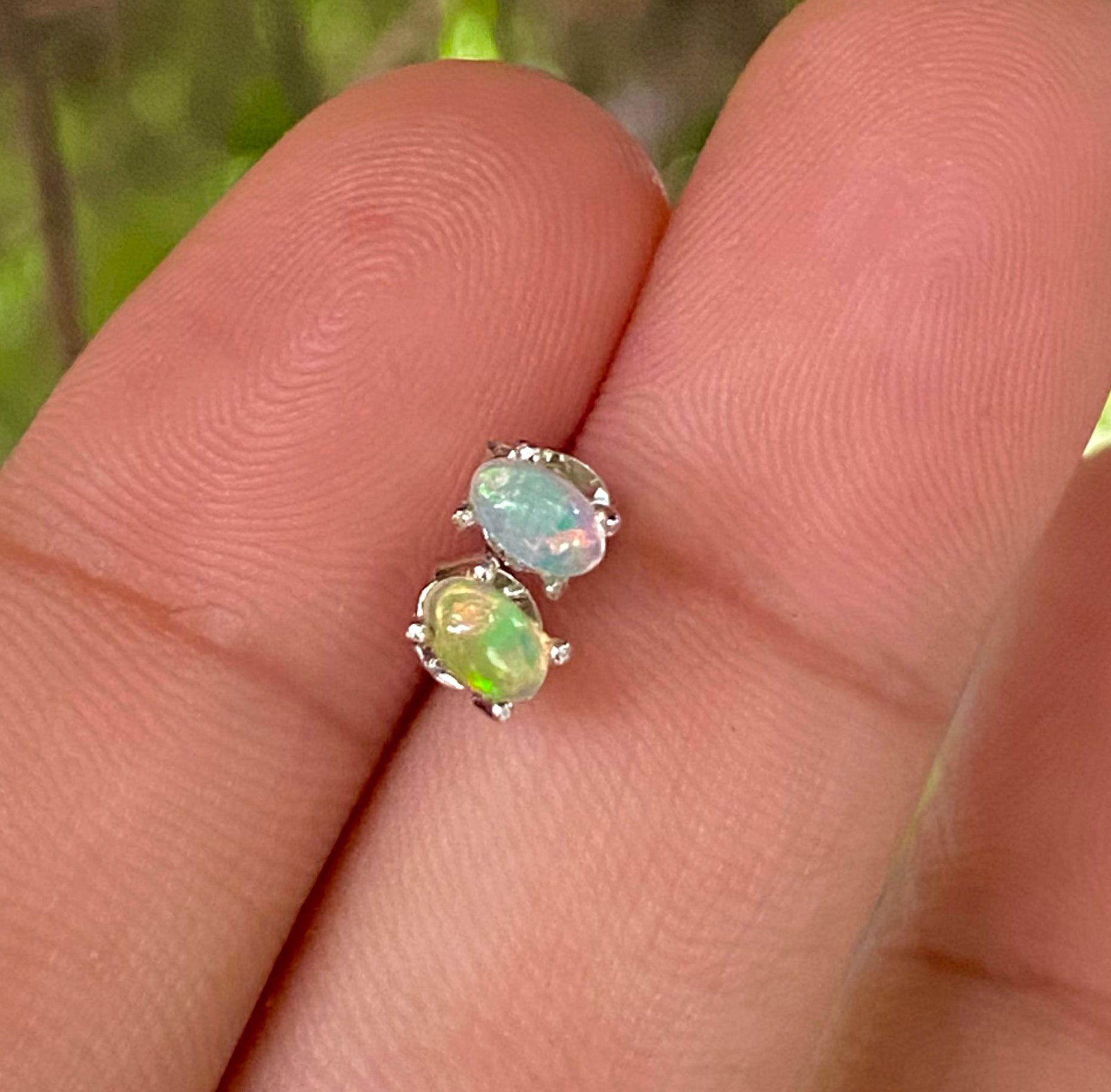 Natural opal stud earrings in 3x4mm cabochon, set in 925 sterling silver, minimalist design by Himalya Quartz.