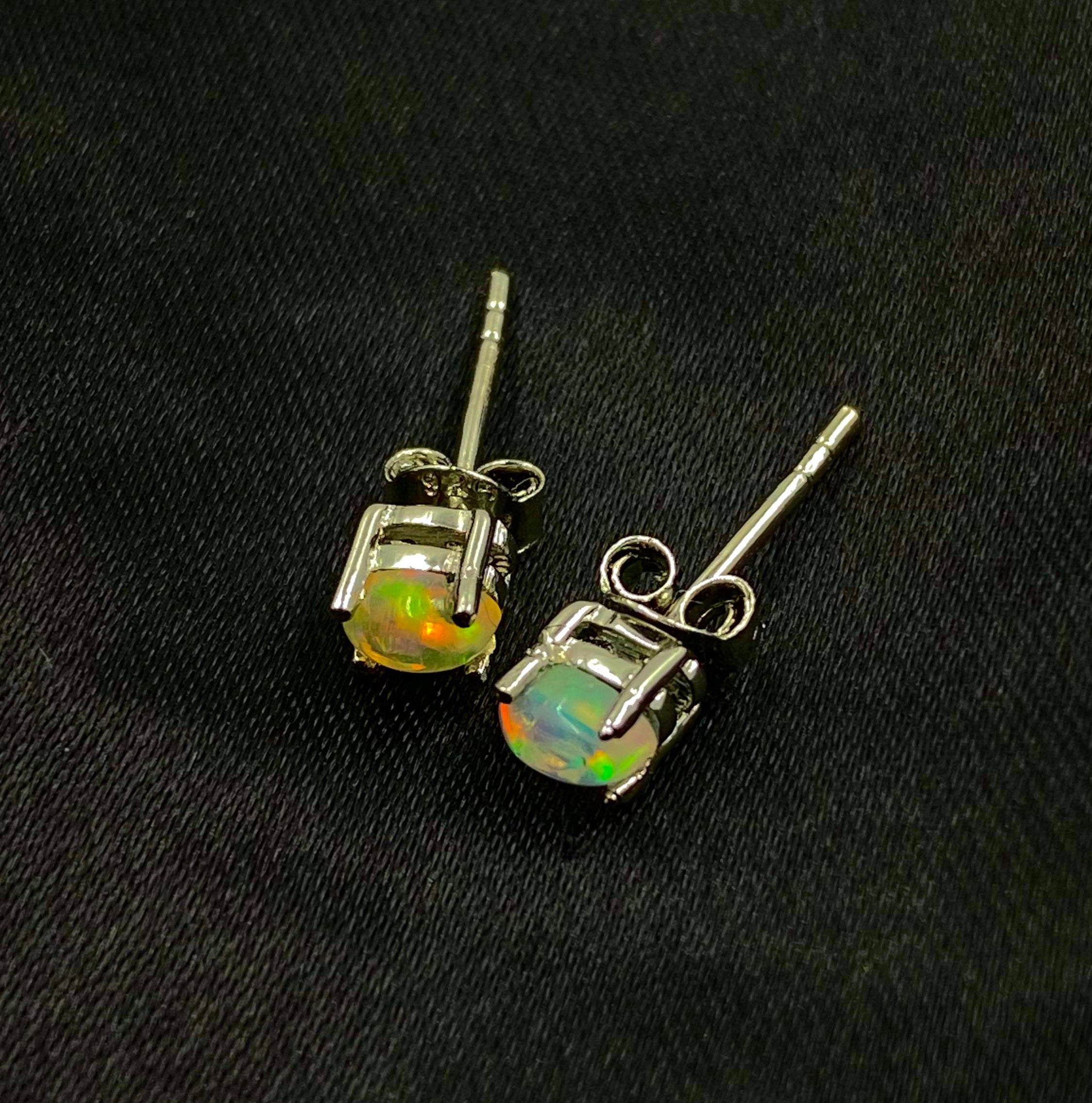 Opal Stud Earrings 3x4mm – Natural Opal Cabochon Studs in 925 Sterling Silver, Minimalist