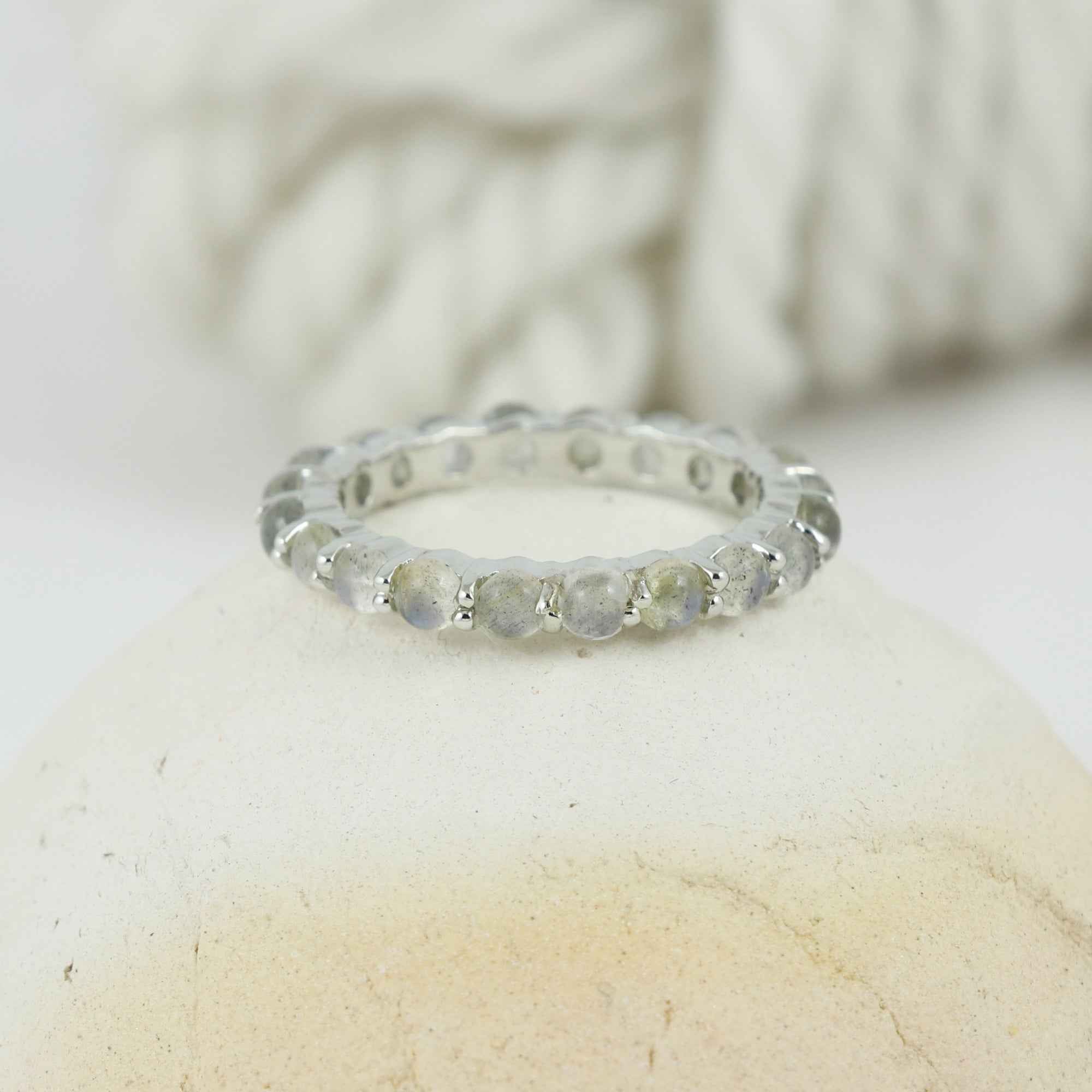 Natural Labradorite 3mm Round Cabochon Ring 925 Sterling Silver Handmade Solitaire Gemstone Ring