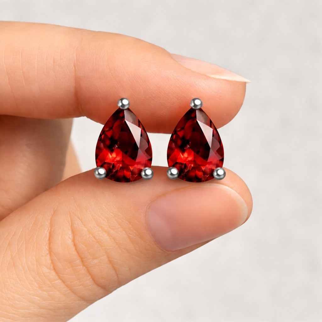 Natural Garnet Pear Cut Stud Earrings in 925 Sterling Silver, Prong Studs for Women