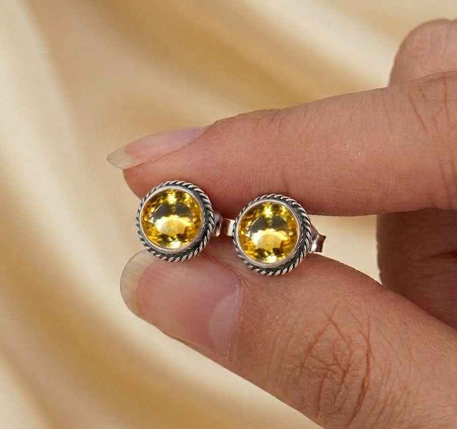 Natural Citrine 6mm Round Cut Stud Earrings in 925 Sterling Silver – Gemstone Studs