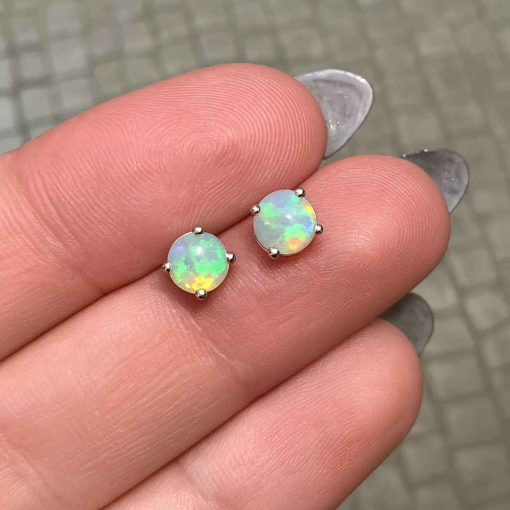 Opal Stud Earrings – Natural Opal Cabochon Studs in 925 Sterling Silver, Minimalist