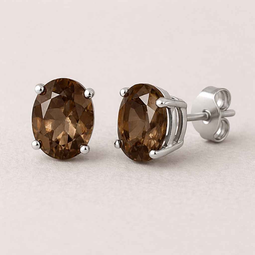 Natural Smoky Quartz 8x10mm Oval Cut Stud Earrings in 925 Sterling Silver – Gemstone Studs