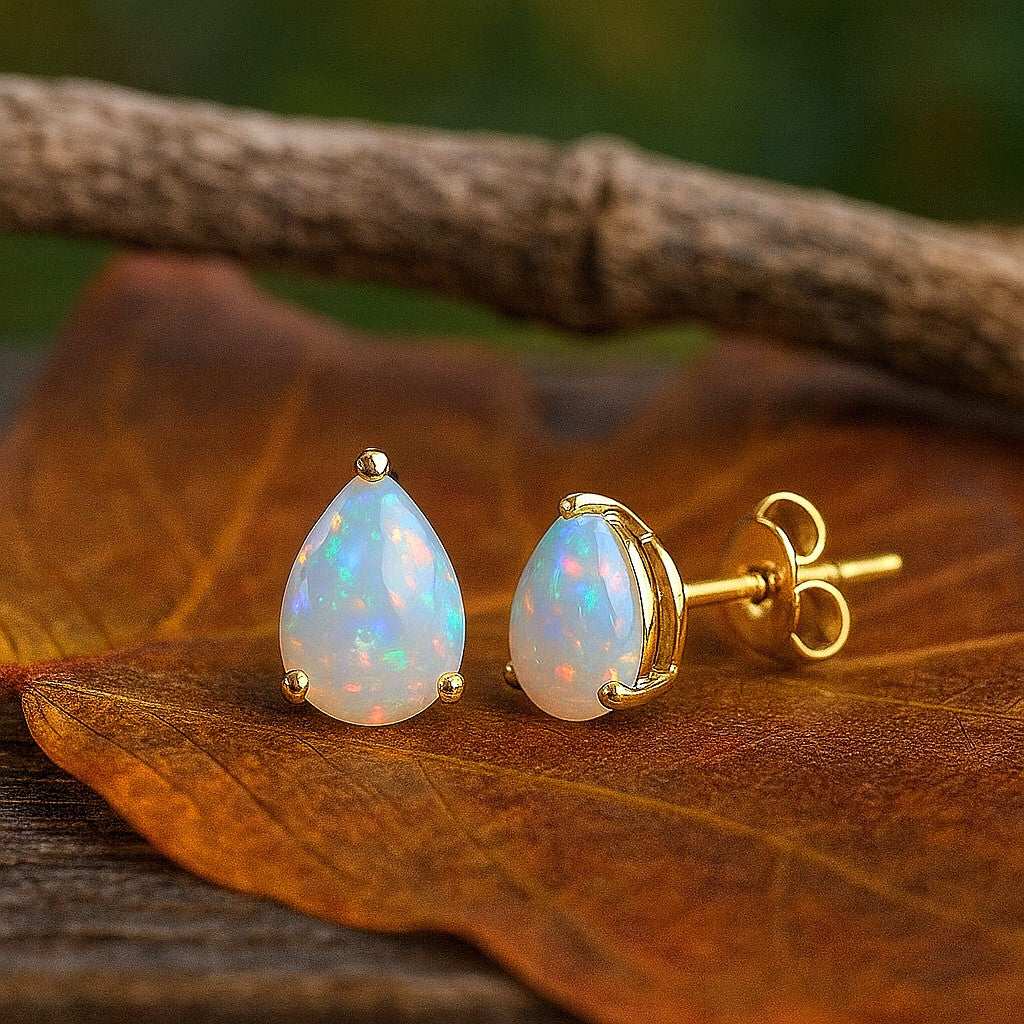 Himalya Quartz silver stud earrings featuring natural pear-shaped opal cabochons in 925 sterling silver, minimalist and elegant.