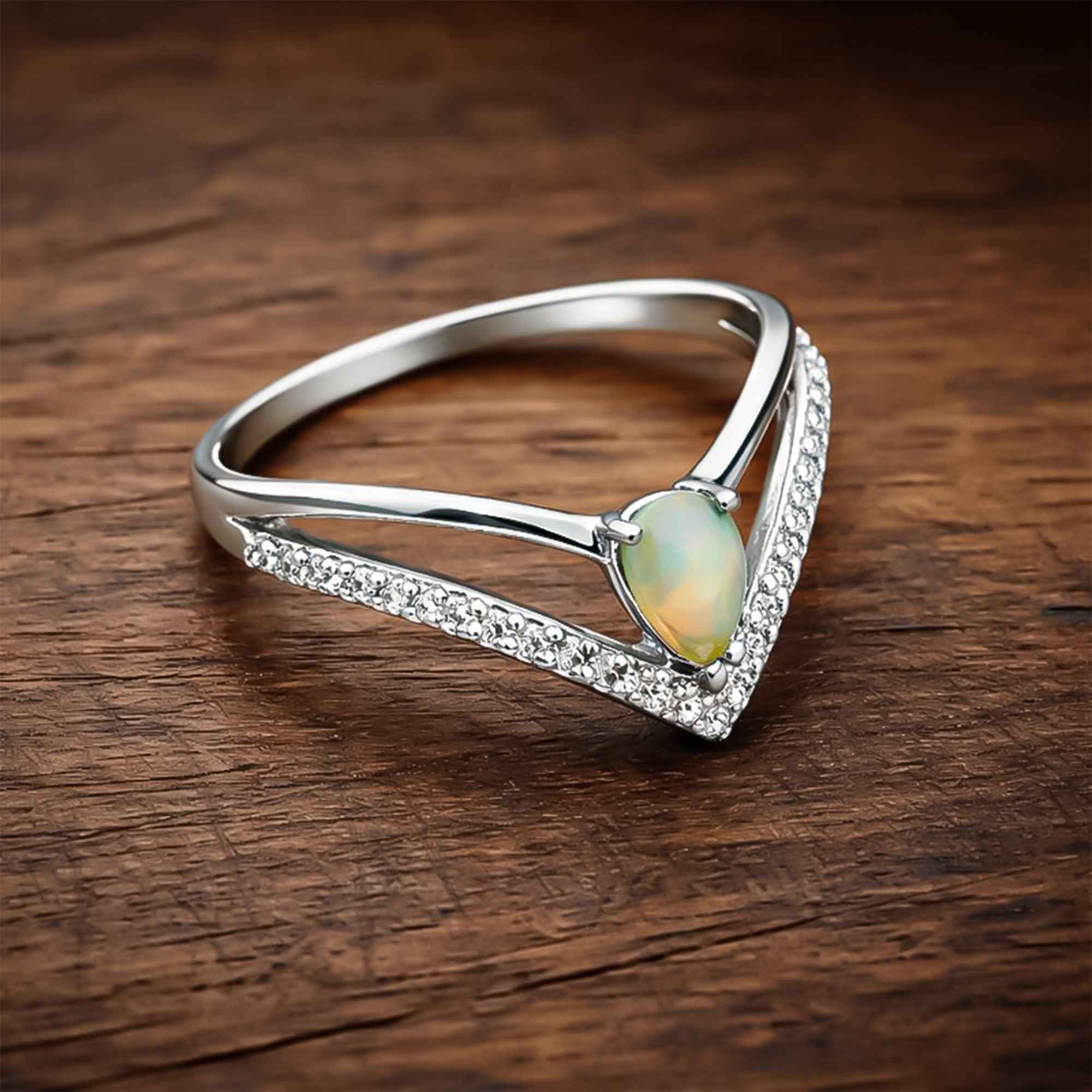 Ethiopian Opal Ring 4x6mm Pear Cabochon 925 Sterling Silver Handmade Elegant Jewelry for Women