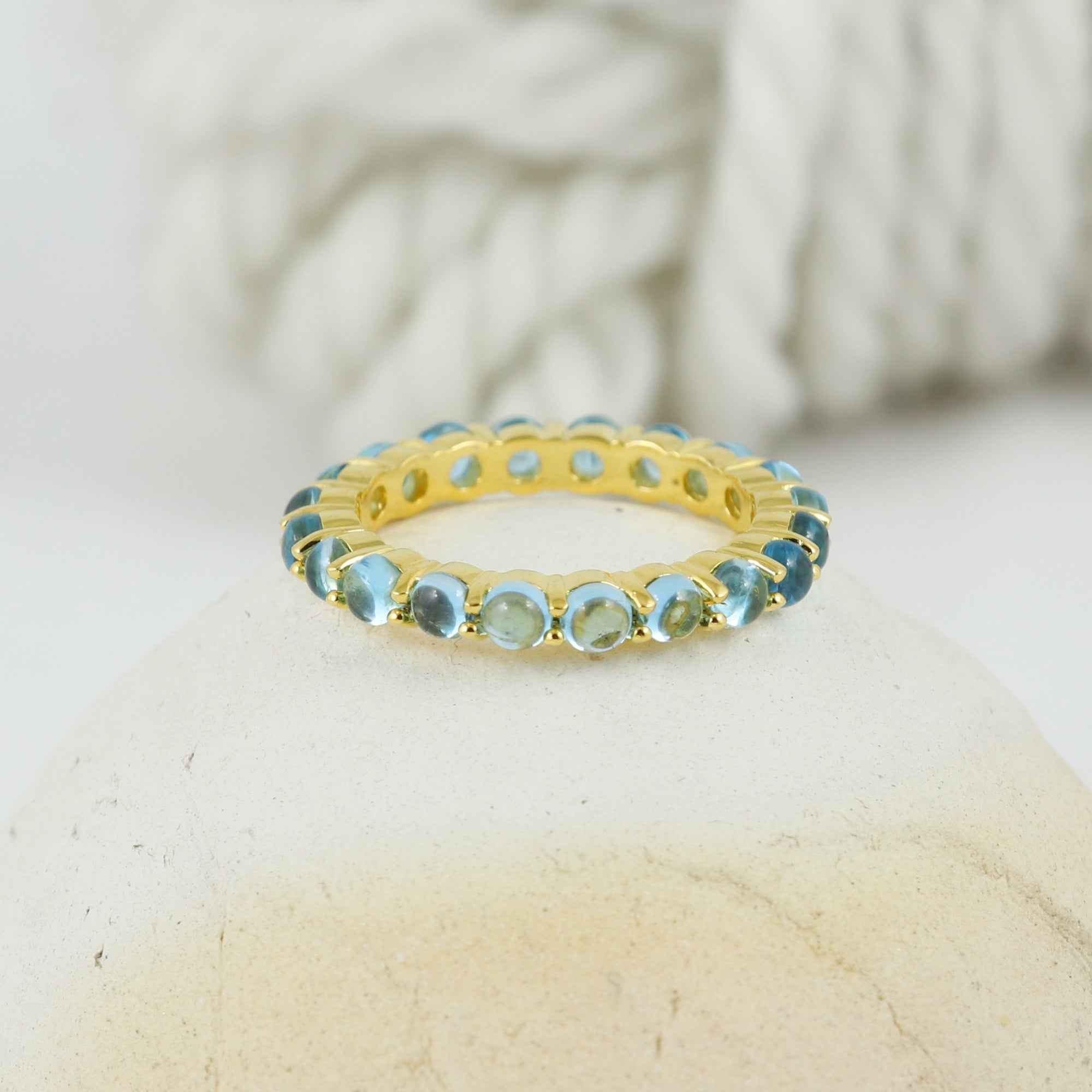 Natural Swiss Blue Topaz 3mm Round Cabochon Ring 925 Sterling Silver Handmade Blue Gemstone Solitaire Ring