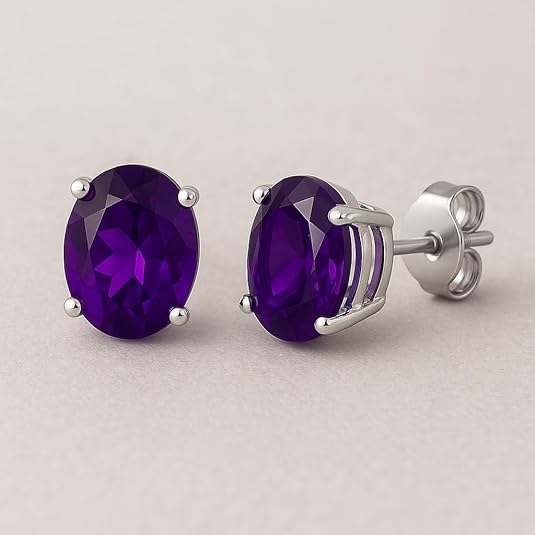 Natural Amethyst 8x10mm Oval Cut Stud Earrings in 925 Sterling Silver – Gemstone Studs