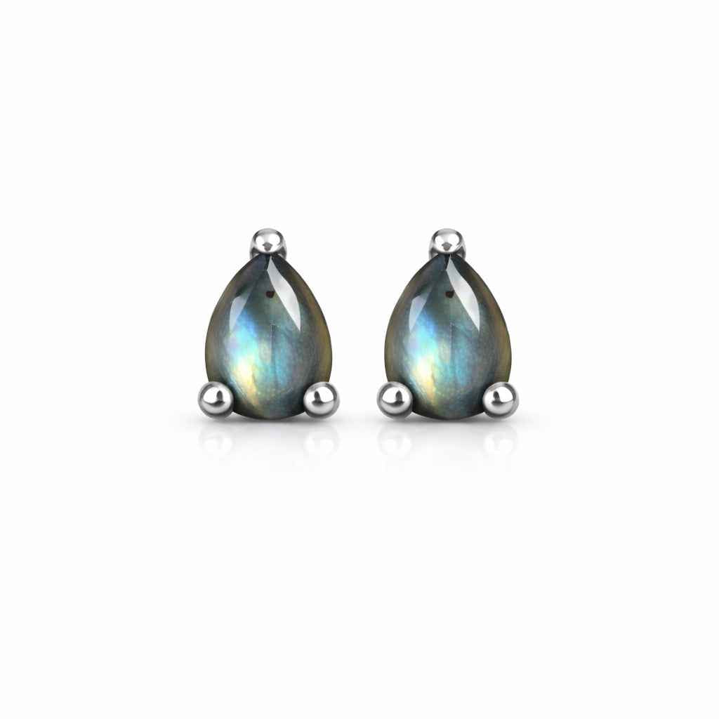 Natural Labradorite Pear Stud Earrings in 925 Sterling Silver, Minimalist Gemstone Jewelry Gift