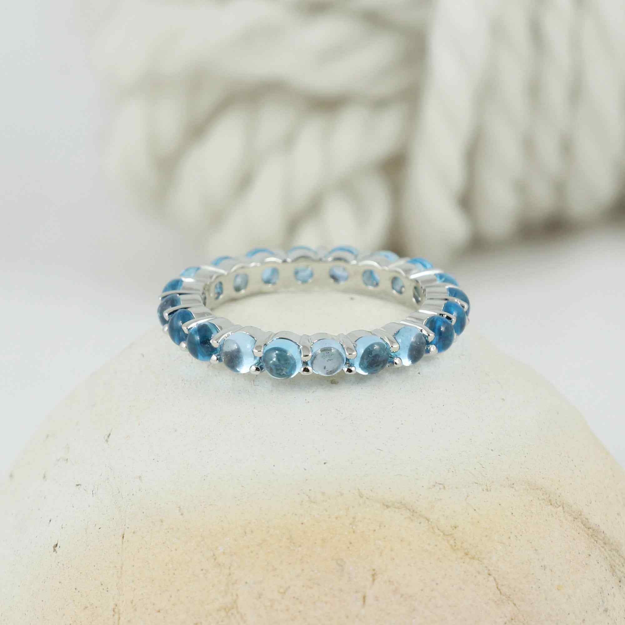 Natural Swiss Blue Topaz 3mm Round Cabochon Ring 925 Sterling Silver Handmade Blue Gemstone Solitaire Ring