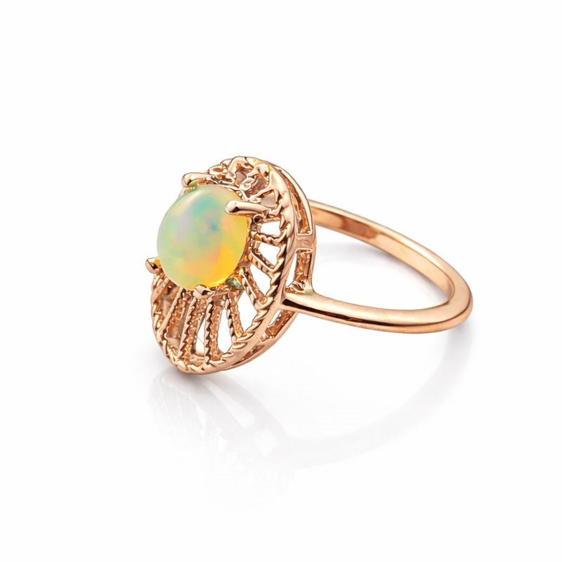 Natural white Ethiopian opal ring with 5x7mm oval cabochon in sterling silver, handmade statement jewelry by Himalya Quartz.