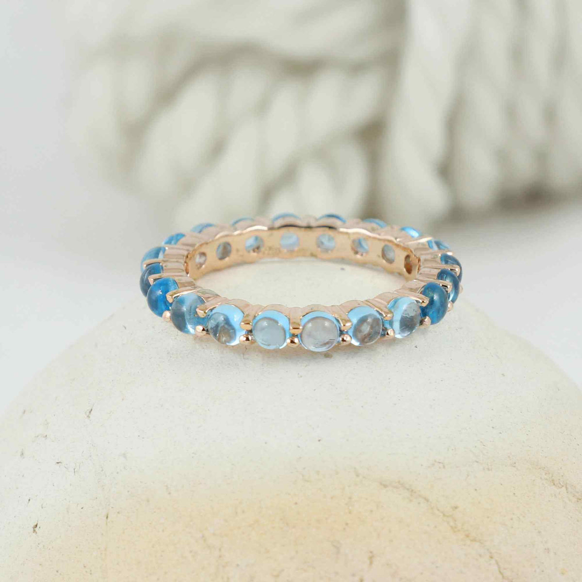 Natural Swiss Blue Topaz 3mm Round Cabochon Ring 925 Sterling Silver Handmade Blue Gemstone Solitaire Ring