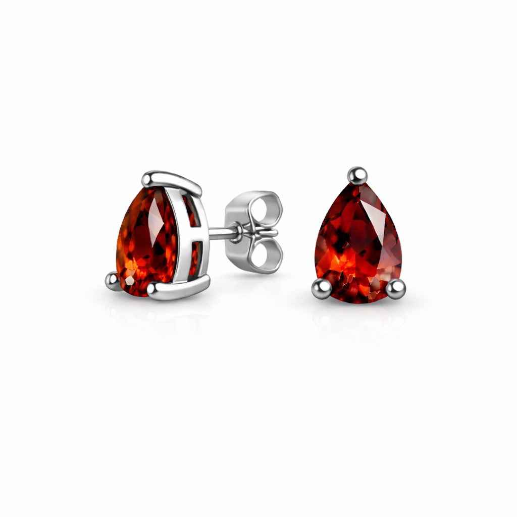 Natural Garnet Pear Cut Stud Earrings in 925 Sterling Silver, Prong Studs for Women