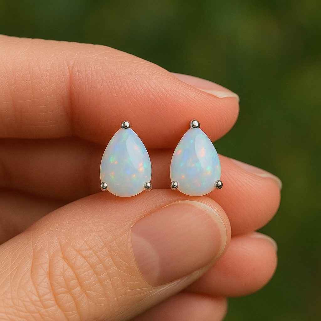 Pear Opal Stud Earrings Natural Opal Cabochon Studs in 925 Sterling Silver, Minimalist Pear Shaped Earrings