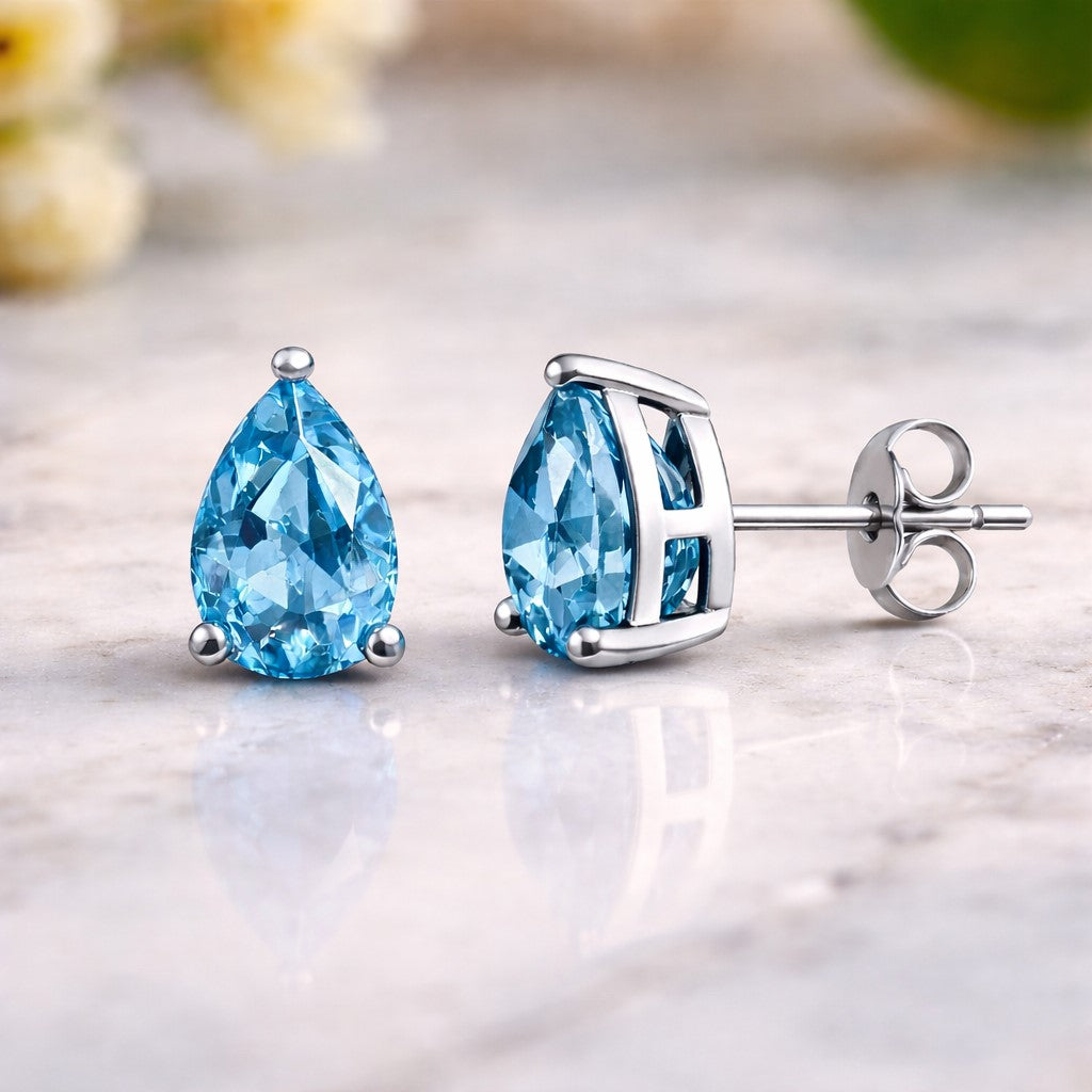 Natural blue topaz pearl stud earrings in 925 sterling silver, tiny blue gemstone earrings for women, Himalya Quartz jewelry