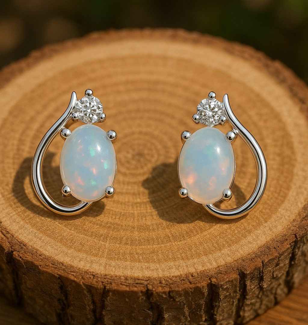 Opal With Zircon Stud Earrings – Natural Opal Studs in 925 Sterling Silver,Opal Earrings