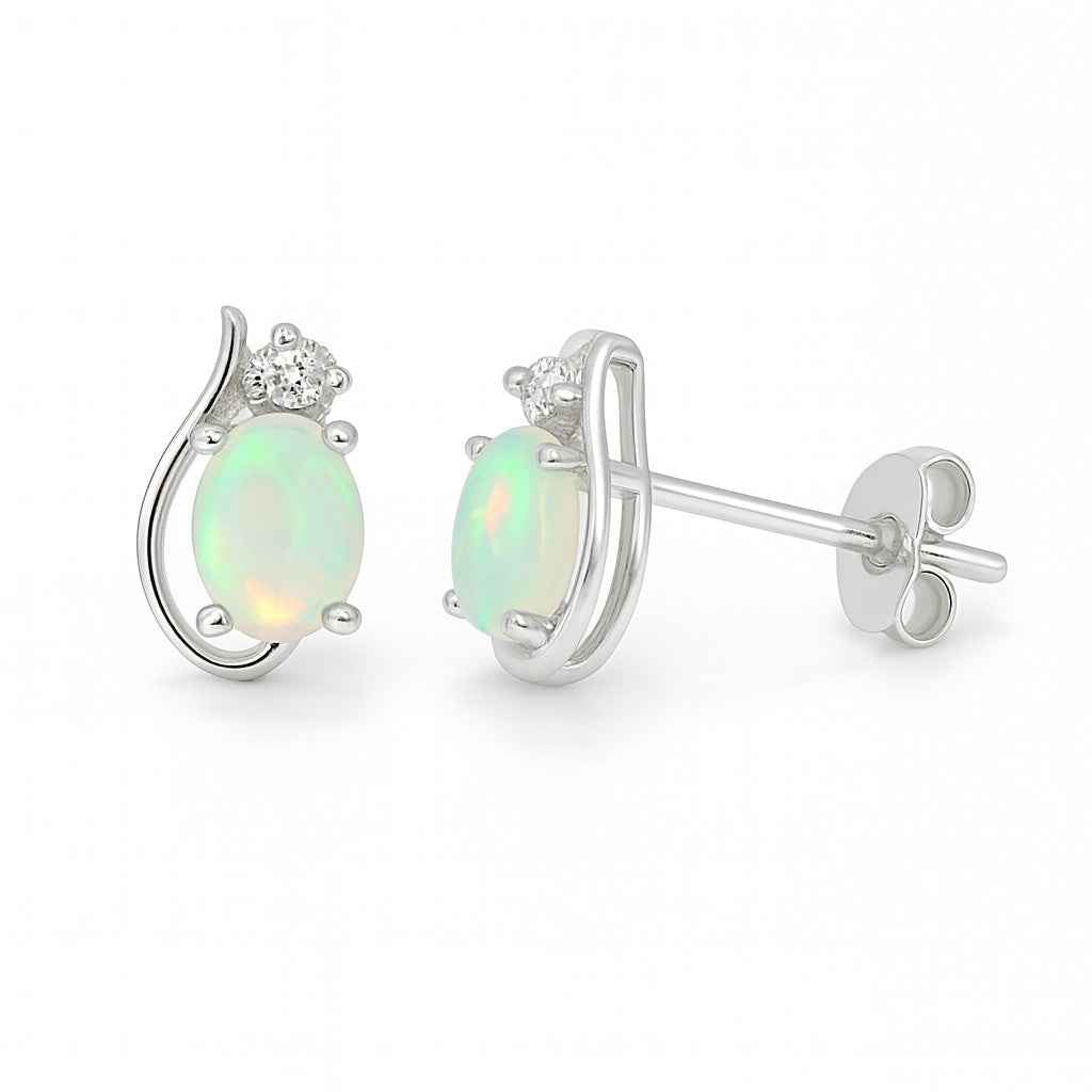 Opal With Zircon Stud Earrings – Natural Opal Studs in 925 Sterling Silver,Opal Earrings