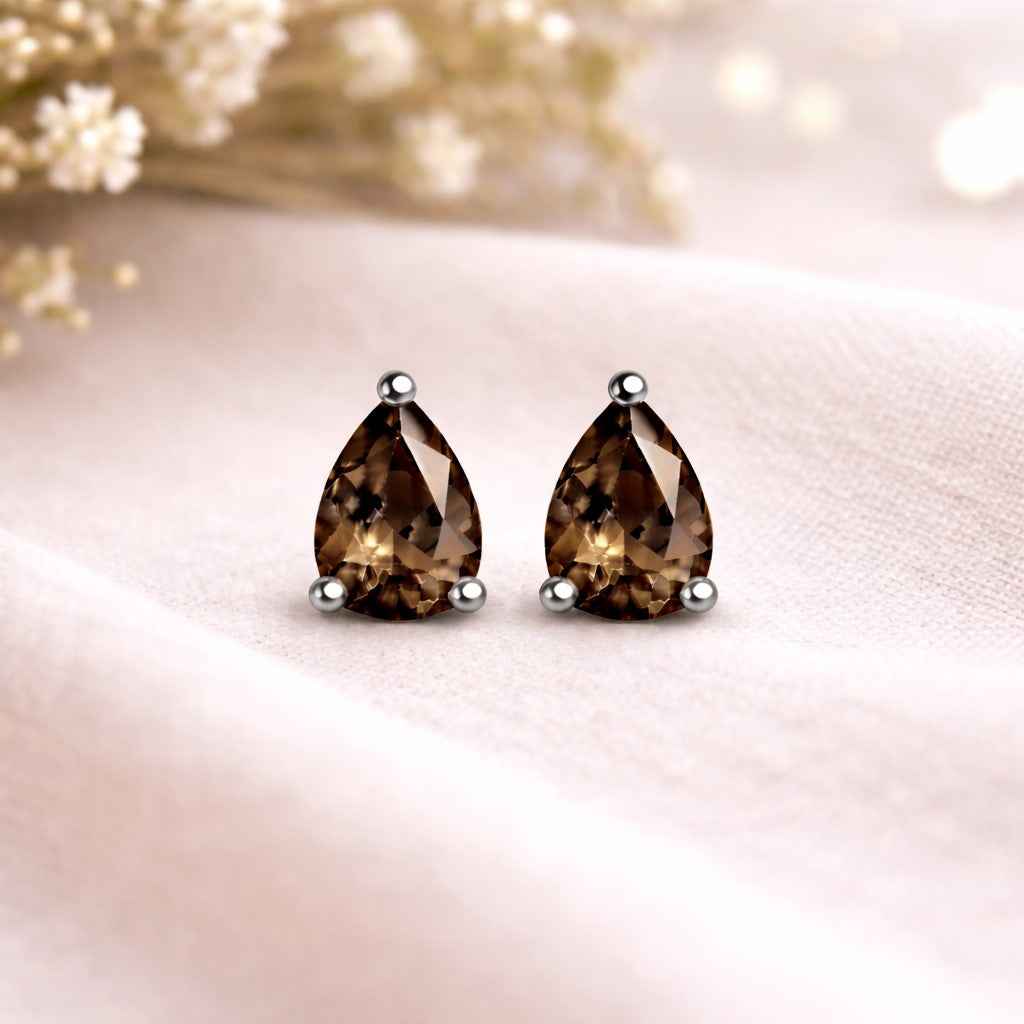Natural Smoky Quartz 4x5mm Pear Cut Stud Earrings in 925 Sterling Silver