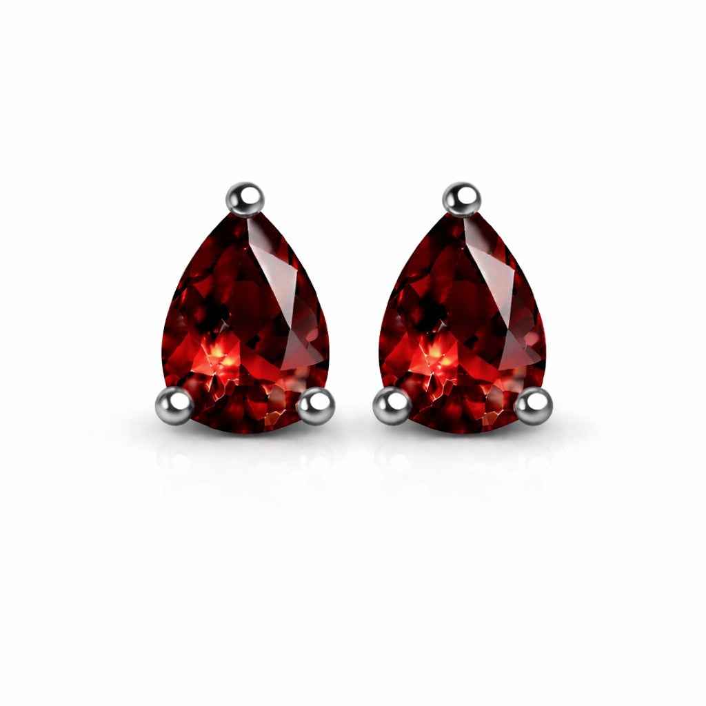 Natural Garnet Pear Cut Stud Earrings in 925 Sterling Silver, Prong Studs for Women