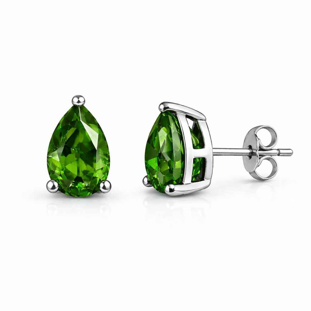 Natural Pear Chrome Diopside Stud Earrings in 925 Sterling Silver, Minimalist Green Gemstone Earrings