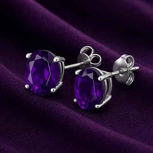 Natural Amethyst 8x10mm Oval Cut Stud Earrings in 925 Sterling Silver – Gemstone Studs