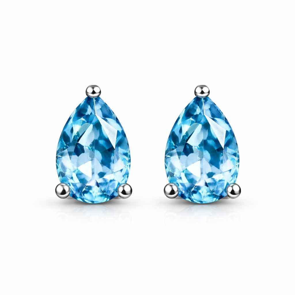 Natural Pear Blue Topaz Stud Earrings in 925 Sterling Silver, Minimalist Gemstone Gift for Women